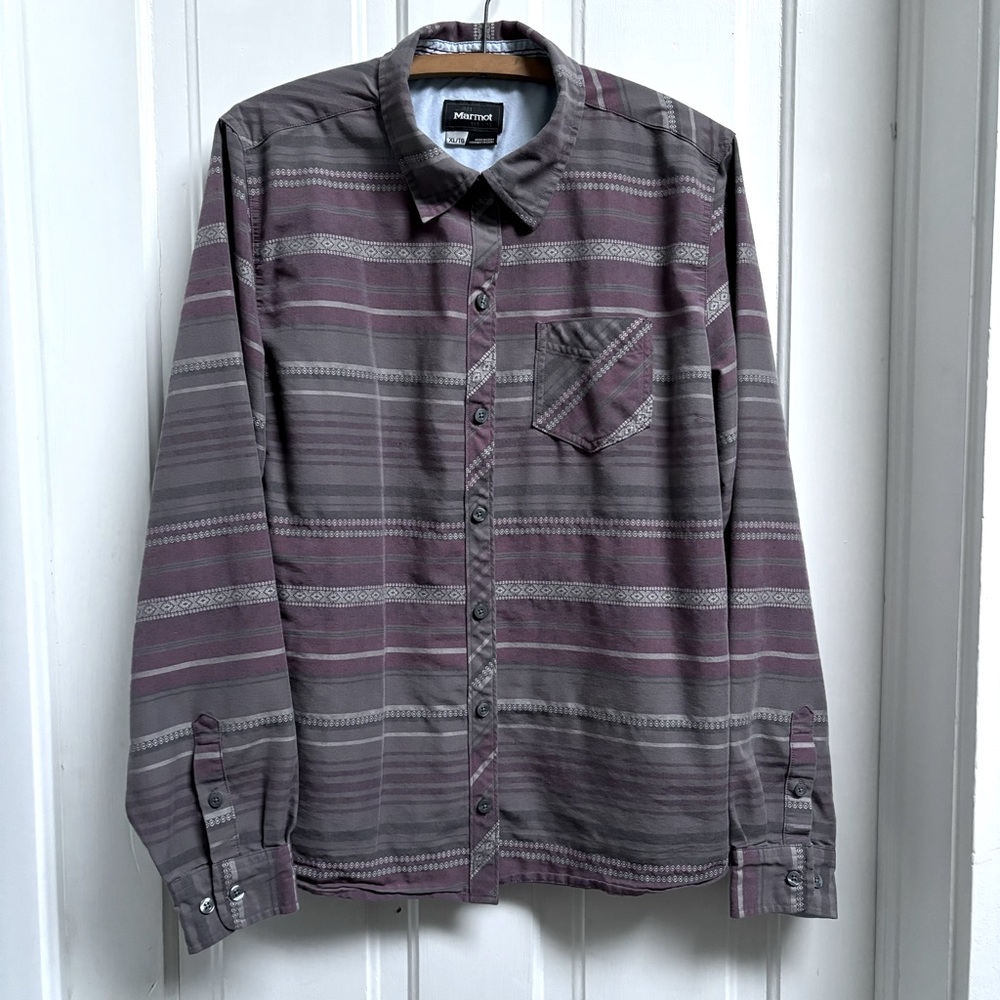 WOMENS MARMOT WOVEN GRAY STRIPE BUTTON DOWN COLLARED FLANNEL SHIRT SIZE XL